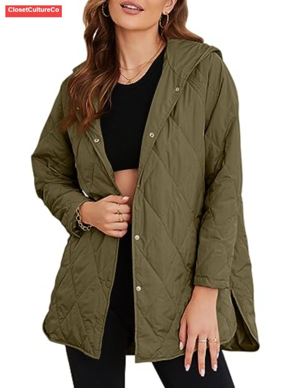 Women's Quilted Diamond Hooded Lightweight Jacket Button Down Long Sleeve
